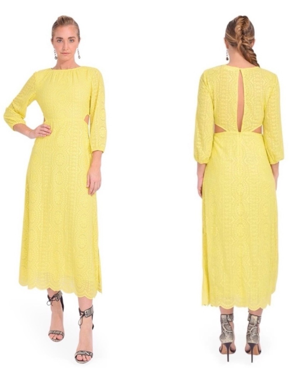 ba&sh Bettina Yellow Lace Embroidered Cutout Midi Dress NWT S